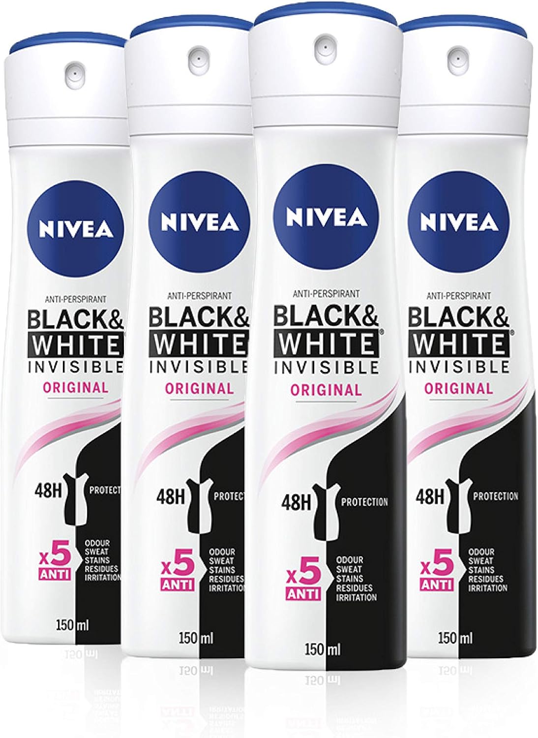 NIVEA Black & White Invisible Original Anti-Perspirant Deodorant Spray Pack of 4 (4 x 150ml)