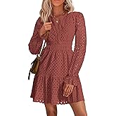 PRETTYGARDEN Women's 2025 Long Sleeve Mini Dress Eyelet V Neck A Line Casual Elegant Holiday Wedding Guest Party Dresses