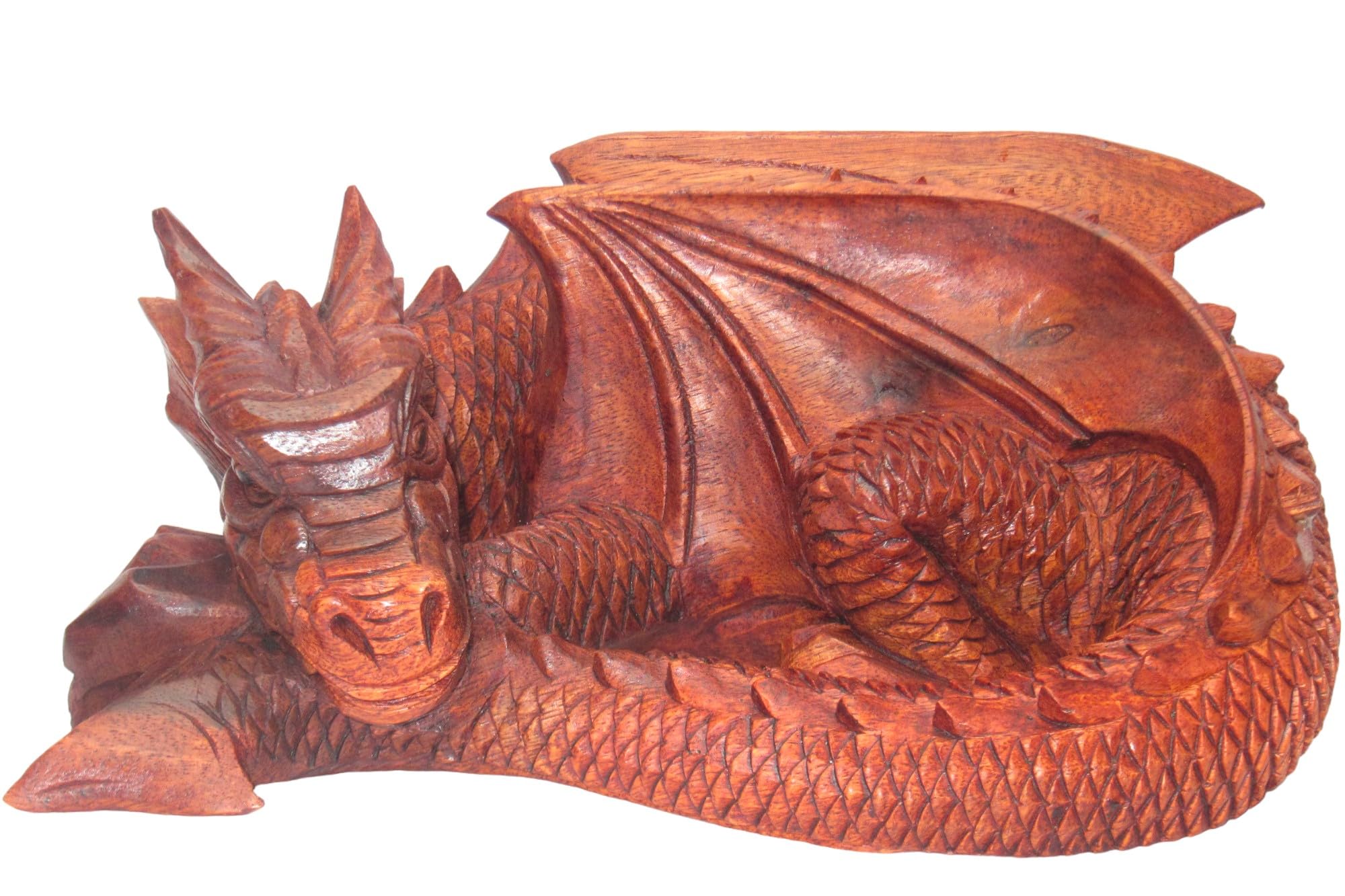 Brave Wings Hand Carved Wooden - Treasure Keeper Sleeping Dragon 24cm Long - Wood Ornament Sculpture Figurine Statue Unique Table Decoration Home Decor Gift for Christmas - 5015A