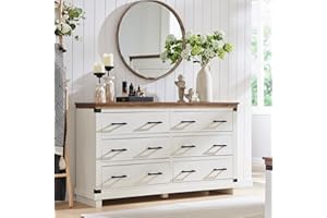 REDLEMON Farmhouse 6 Drawers Dresser for Bedroom, Wood Large Chest of Drawers with Thick Plank Styling, Rustic Closet Dresser for Bedroom or Living Room, Antique White