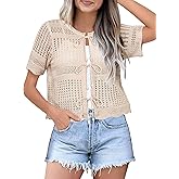 YZEGGO Womens Tie Front Cardigan Short Sleeve Summer Sweater Crochet Cropped Tops Casual Cover Up