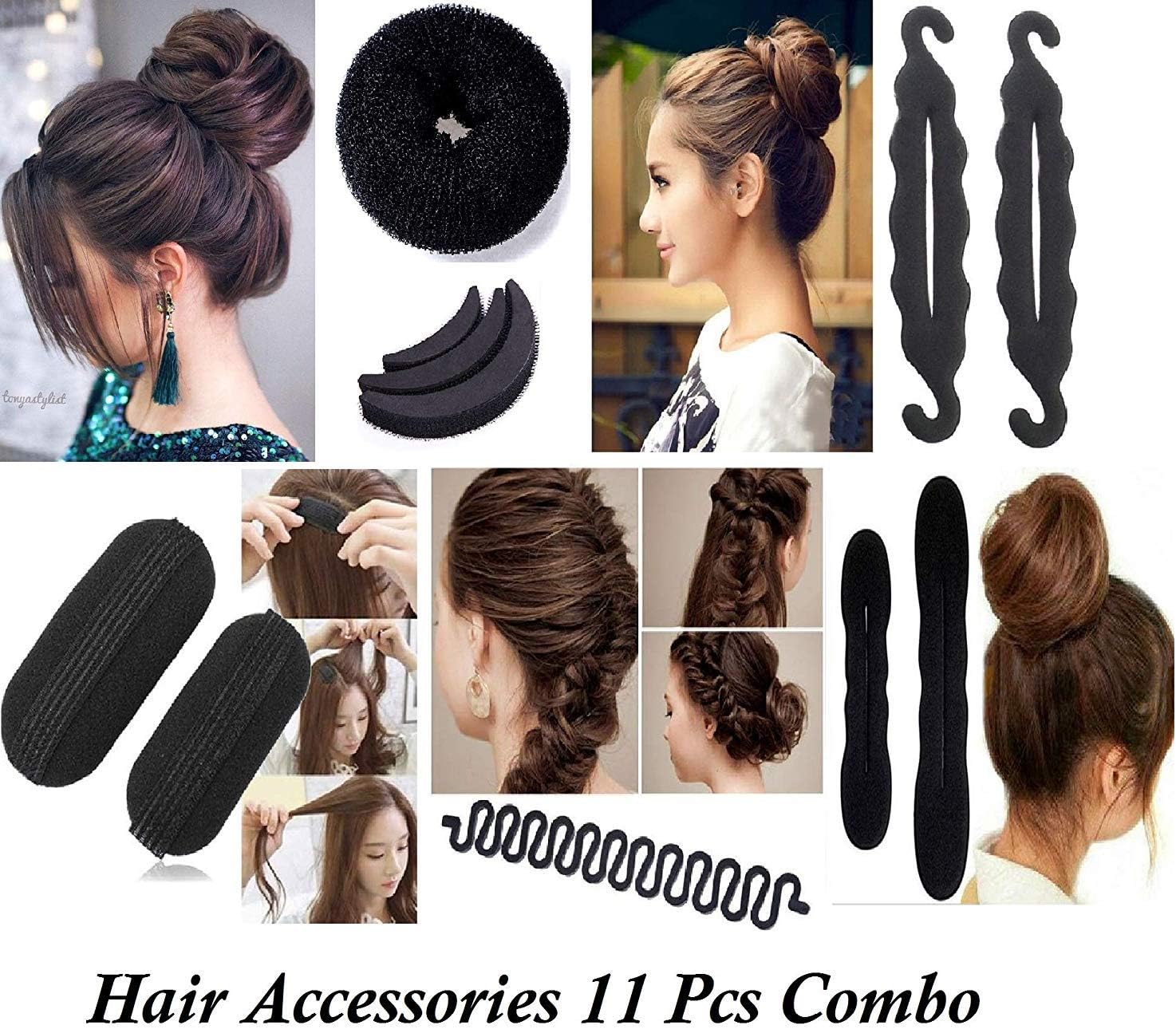 Homeoculture 1 Donut, Hair Base, Hair Puff Set and 1 Banana Donut Hair Accessories for Women, 11 Pieces (Black)