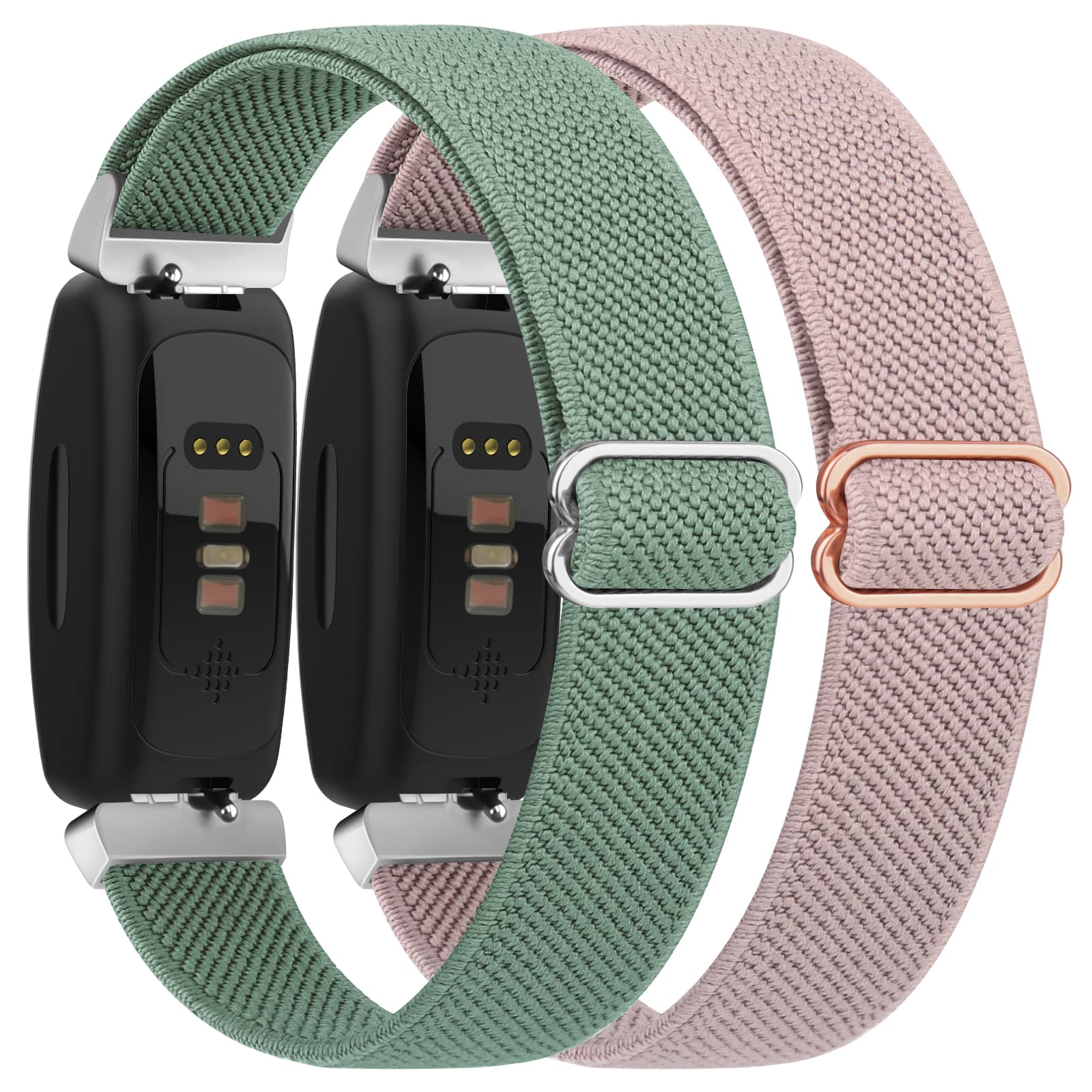 Vancle Elastic Straps Compatible with Fitbit Inspire 2 / Fitbit Inspire/Inspire HR for Women/Men, Stretchy Adjustable Nylon Stylish Replacement Wristband (Pink+Green)