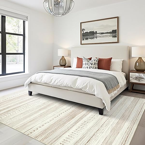 BORAYA AREA RUGS FOR LIVING ROOM: 6X9 WASHABLE BOHO RUG FOR BEDROOM LARGE NEUTRAL BOHEMIAN MOROCCAN FARMHOUSE GEOMETRIC DINING ROOM RUGS ULTRA SOFT FLOOR CARPET INDOOR FOR HOME OFFICE – BROWN