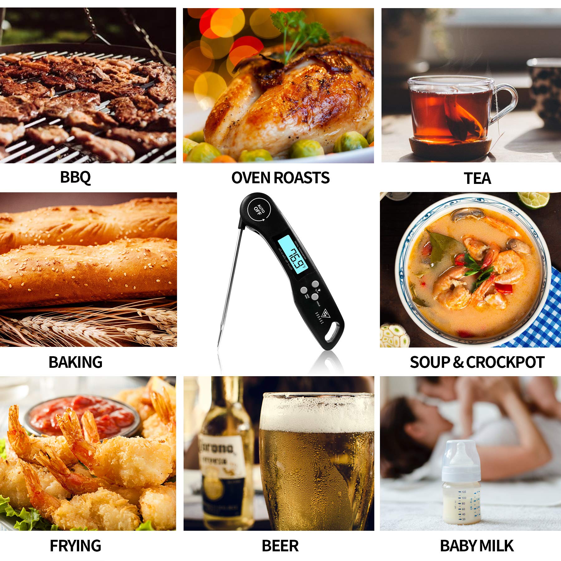 Meat Thermometer, DOQAUS Instant Read Thermometer Digital Ultra Fast Kitchen Cooking Food Candy Thermometer with Backlight, Magnet & Foldable Long Probe for Grilling BBQ Turkey Oil Smoker Thermometer