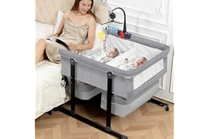 Jestonten Twin Bassinet with Music Toys & Mosquito Net, Foldable Twin Bassinet for 2 Babies with Storage Basket & Carry Bag, 