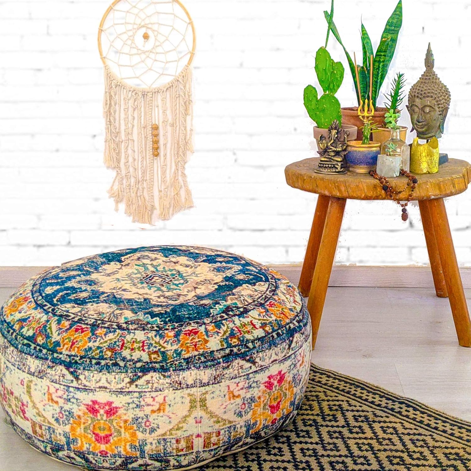 Mandala Life ART Bohemian Yoga Decor Floor Cushion Cover - 24x8 inches - Round Meditation Carpet Pillow Case - Printed Cotton Rug Pouf: Furniture & Decor