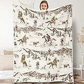 Western Cowboy Throw Blankets, Vintage Wild West Flannel Warm Soft Cozy Fluffy Bed Couch Blanket, Country American Theme White Fleece Throws to Decoration The Room and Bedroom 50 x 60