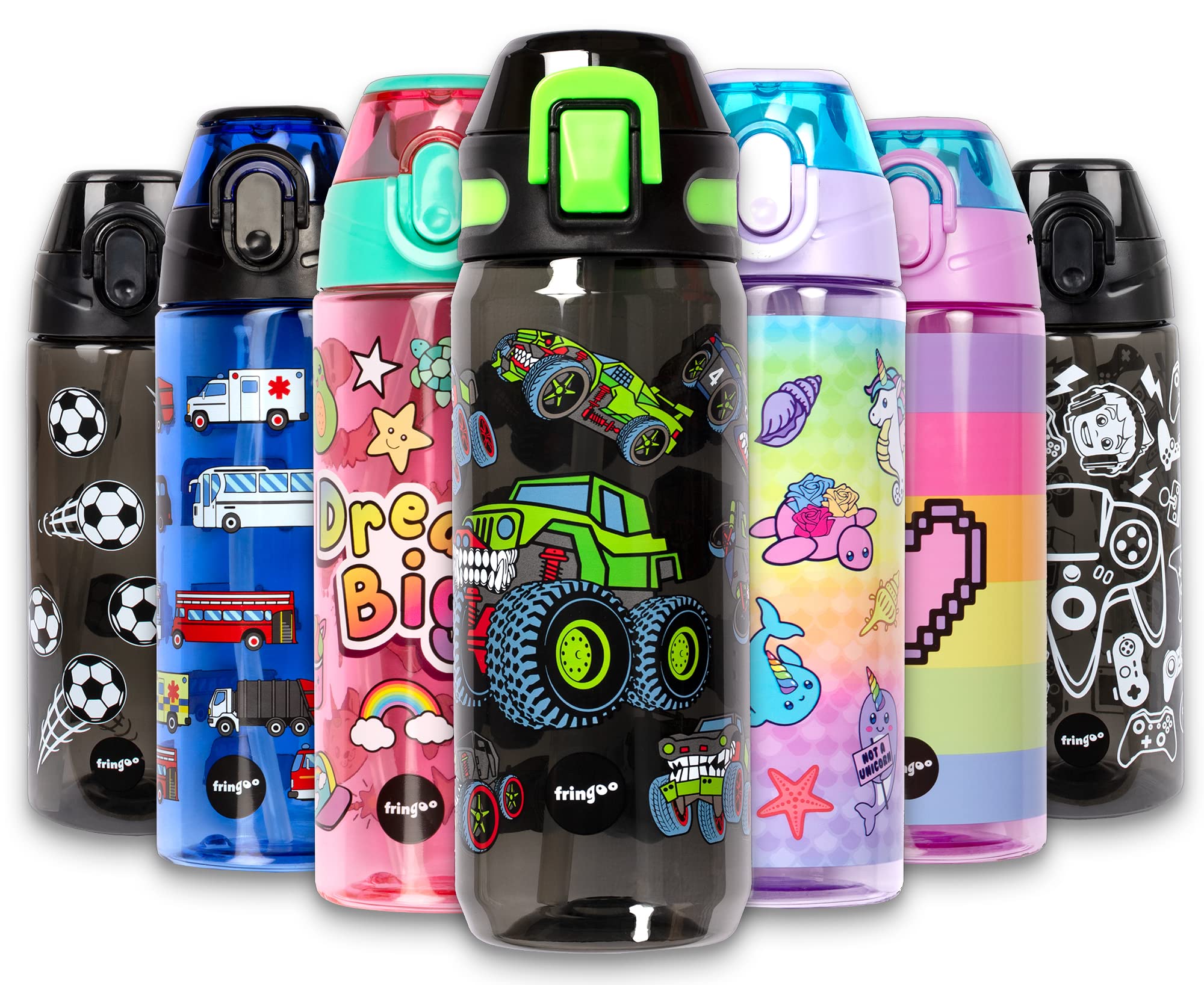 Fringoo - 600ml Kids Water Bottle with Straw & Fliptop Lock - 100% Leakproof - BPA Free 600ml Kids Water Bottle for School - Monster Trucks