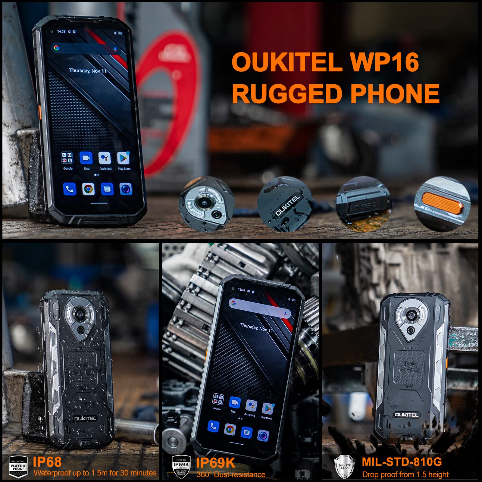 OUKITEL WP16, Rugged Smartphone 10600mAh Battery, Night Vision Camera 128GB+8GB Android 11,6.39 HD+ Underwater Camera IP68 Waterproof Rugged Phone,OTG NFC GPS SOS Dual SIM Unlocked Cell Mobile Phone