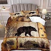 LUVIVIHOME 3PCS Rustic Cabin Comforter Set Queen Size, Moose Bear Bedding Brown Quilt, Deer Woodland Forest Animal Wildlife Hunting Hunter Lodge Country Rustic Farmhouse Bedroom Decor, 2 Pillow Shams