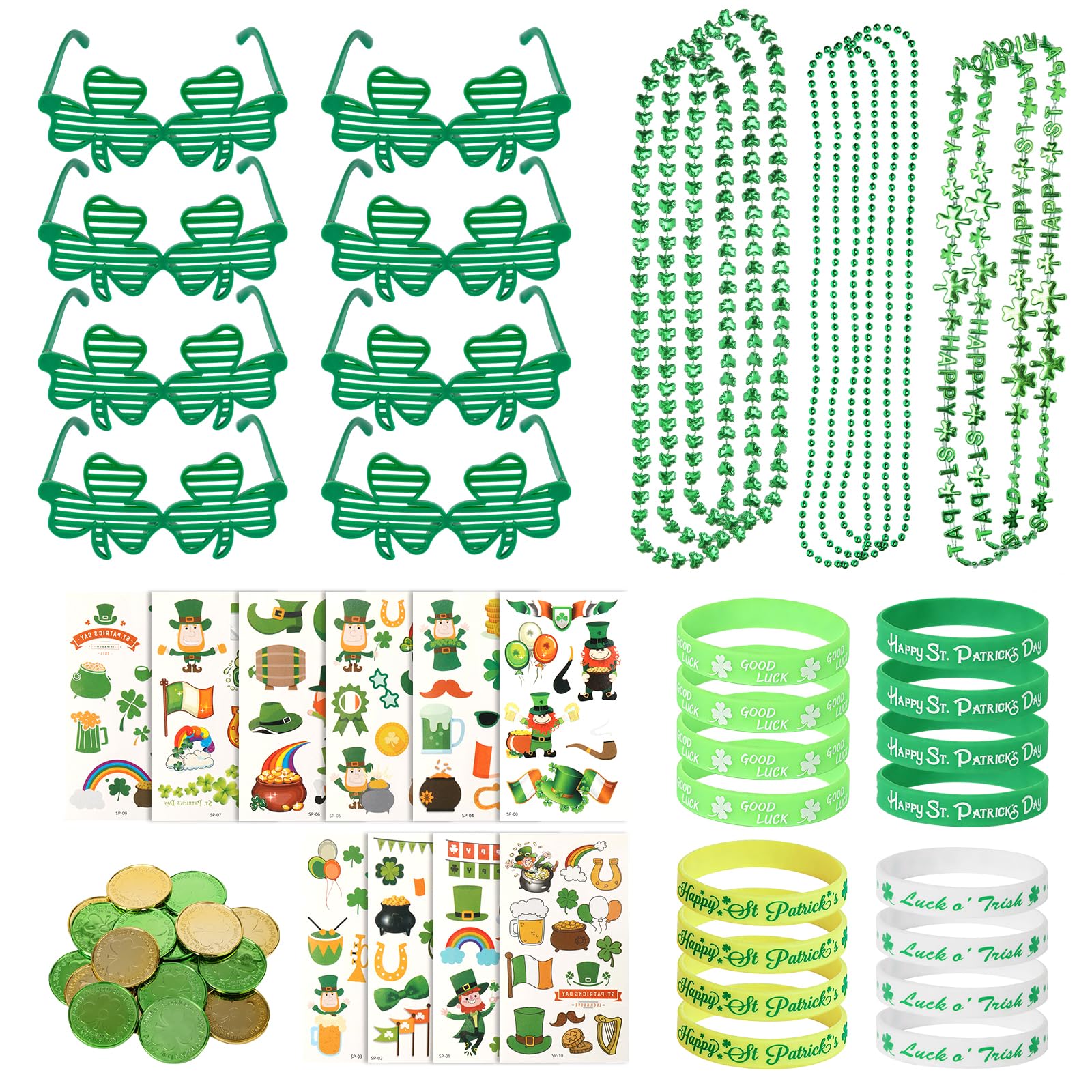 Photo 1 of 152Pcs St. Patricks Day Accessories Party Favor Set, Shamrock Glasses, Irish Themed Tattoo Stickers, Coins, Bracelets and Necklaces Irish Decor Favors Set for Home Saint Patrick Themed Party Supplies