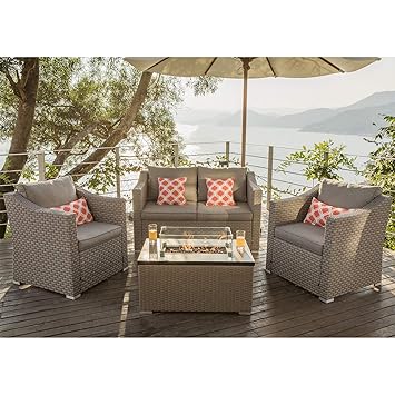 Cosiest 4 Piece Fire Pit Table Outdoor Furniture Warm Gray Wicker