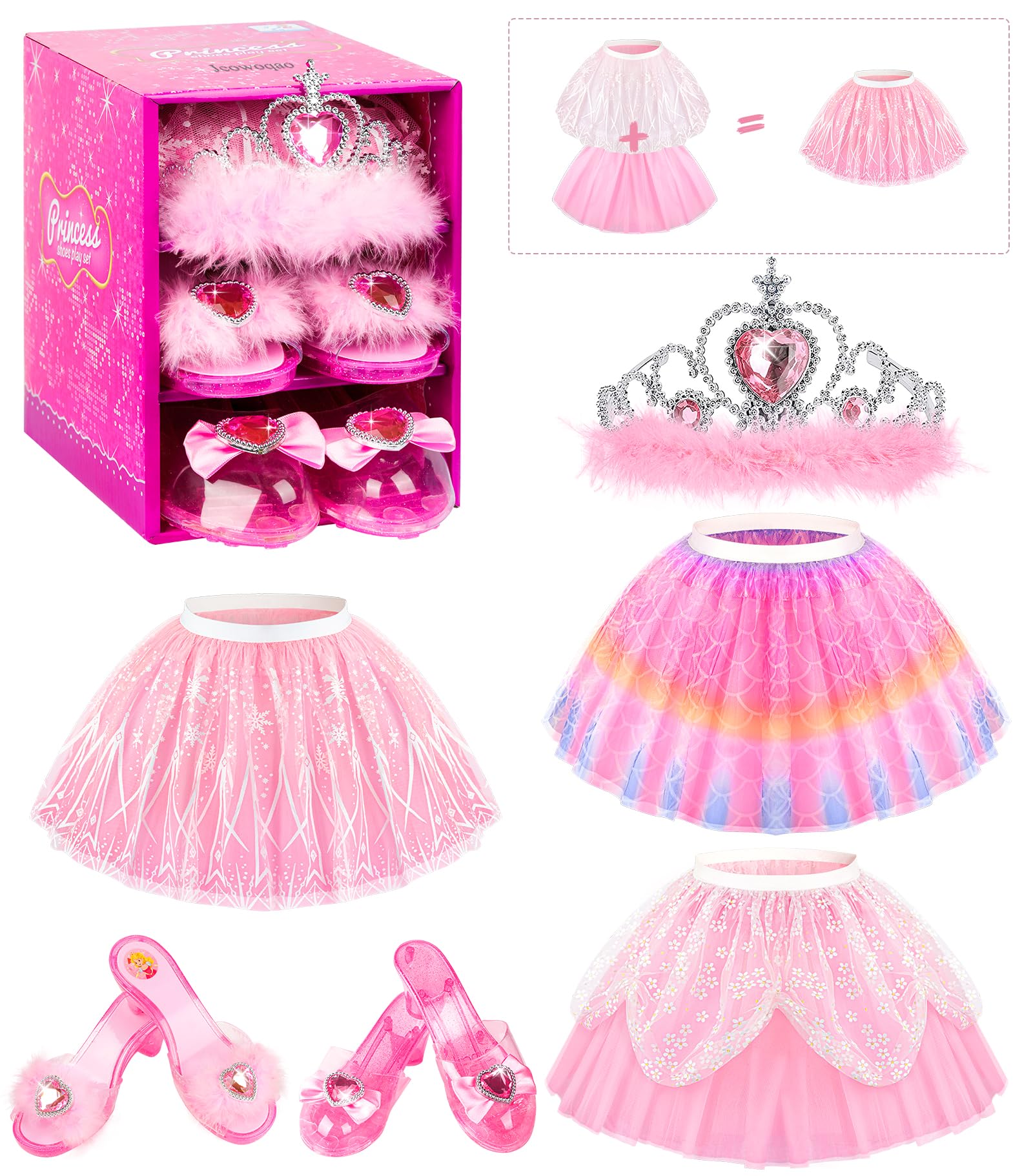 Jeowoqao Dress up Shoes Princess Dresses for Girls, Little Girls Princess Dress up Clothes Set 1pc TuTu Skirt with 3ps Skirt Veils, Play Toys for Girls Age 3 4 5 6 Years Birthday Gift