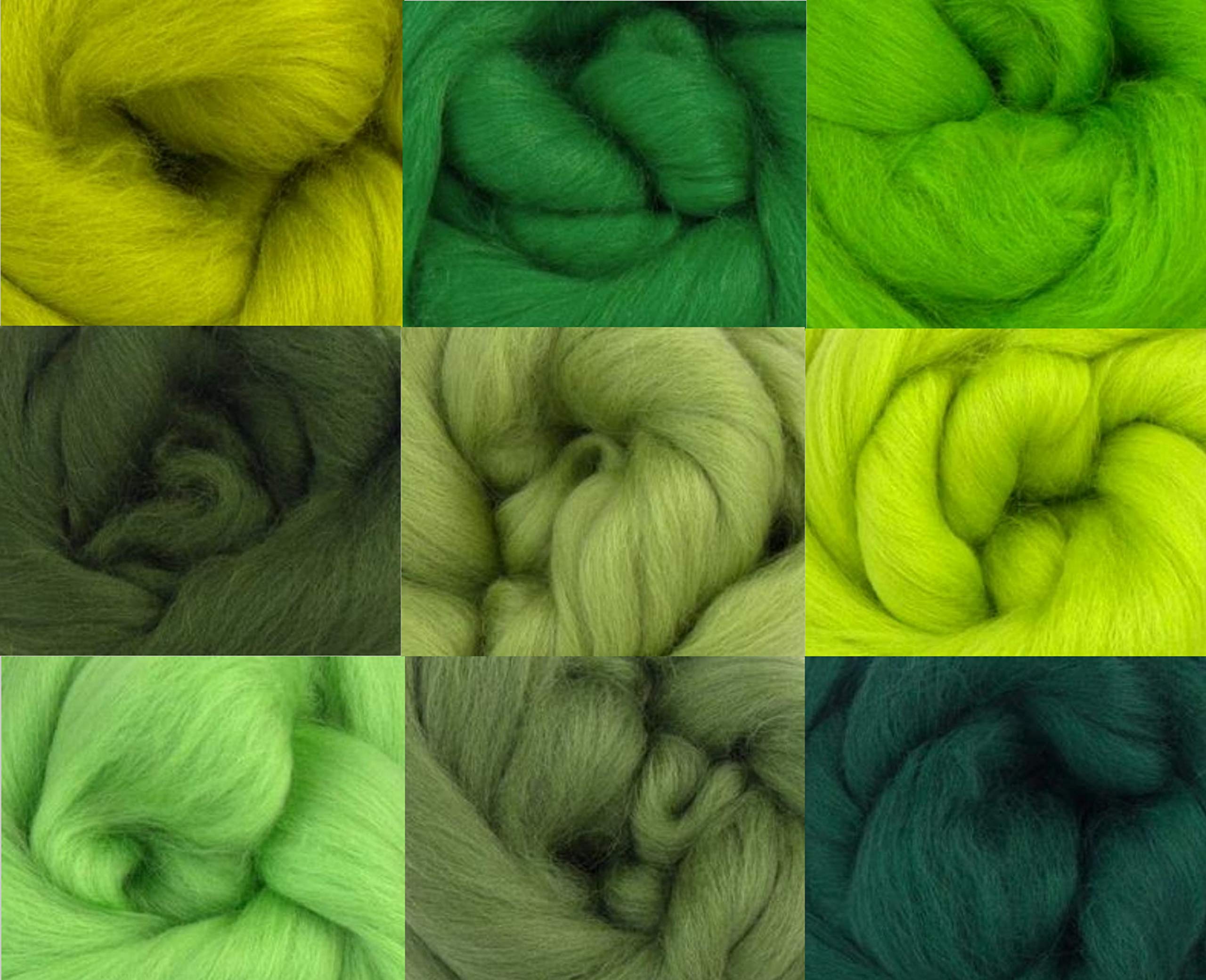 Merino Wool Tops - WOODLAND GREEN - Pack of 9 for needlefelting, wet felting, spinning