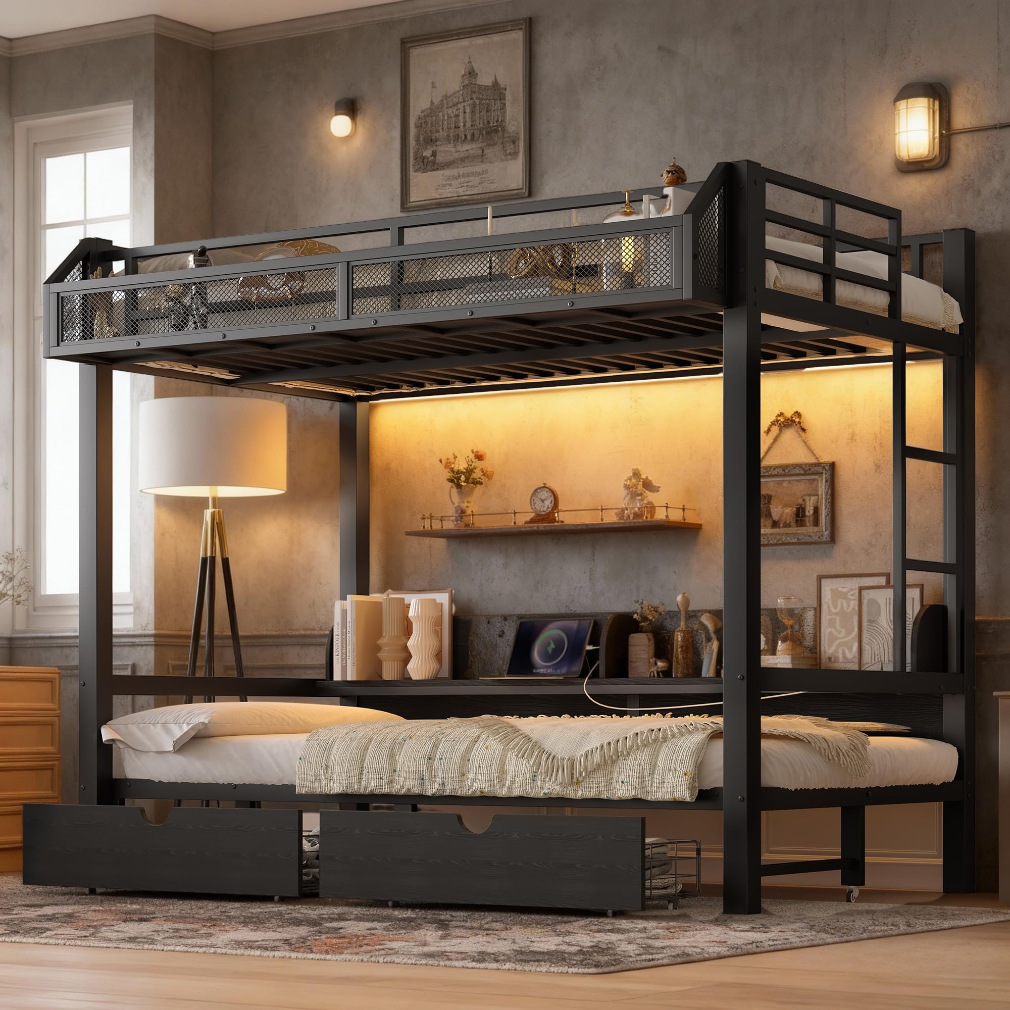 Photo 1 of **SELLING FOR PARTS AS PARTIAL SET. ONE BOX OF TWO**Twin XL over Twin XL Bunk Bed with Storage Drawers and Shelves, Metal Bunk Beds with Lights and USB Ports, Convertible Lower Bunkbed for Guests, Bedroom, Dorms, Multi-function and Noise-free, Black