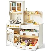 Tiny Land Wooden Play Kitchen for Kids – Enhanced Storage with Cabinets & Bins, Modern Toddler Kitchen Playset with Stove, Sink & Accessories