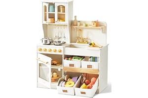 Tiny Land Play Kitchen for Kids with Enhanced Storage – Modern Toddler Kitchen Playset with Stove, Sink & Accessories, Organized Wooden Toy Kitchen, Ideal for Toddlers