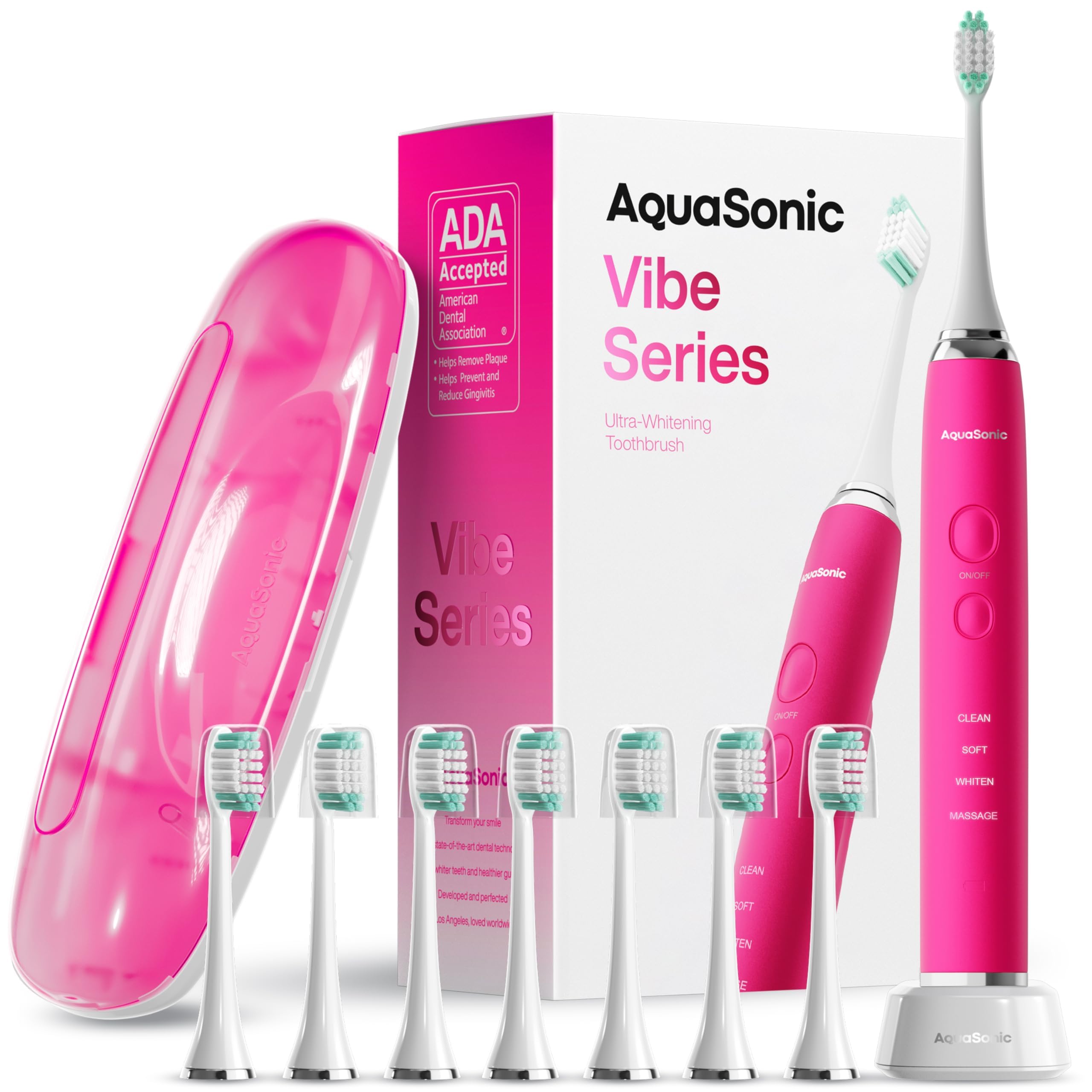 Photo 1 of Aquasonic Vibe Series Ultra-Whitening Toothbrush – ADA Accepted Electric Toothbrush - 8 Brush Heads & Travel Case – 40,000 VPM Motor & Wireless Charging - 4 Modes w Smart Timer – Electric Pink