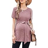 Ekouaer Maternity Tops Short Sleeve Pregnancy Shirts Tee Tunic Casual T Shirt Ribbed Knit Pregnant Clothes