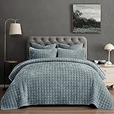PHF Luxurious Velvet Quilt Set King Size – 3PCS Super Soft Quilted Comforter Alternative with Square-Box Quilt Pattern, Warm Quilted Bedspread Coverlet, 108" x 92", Dusty Blue