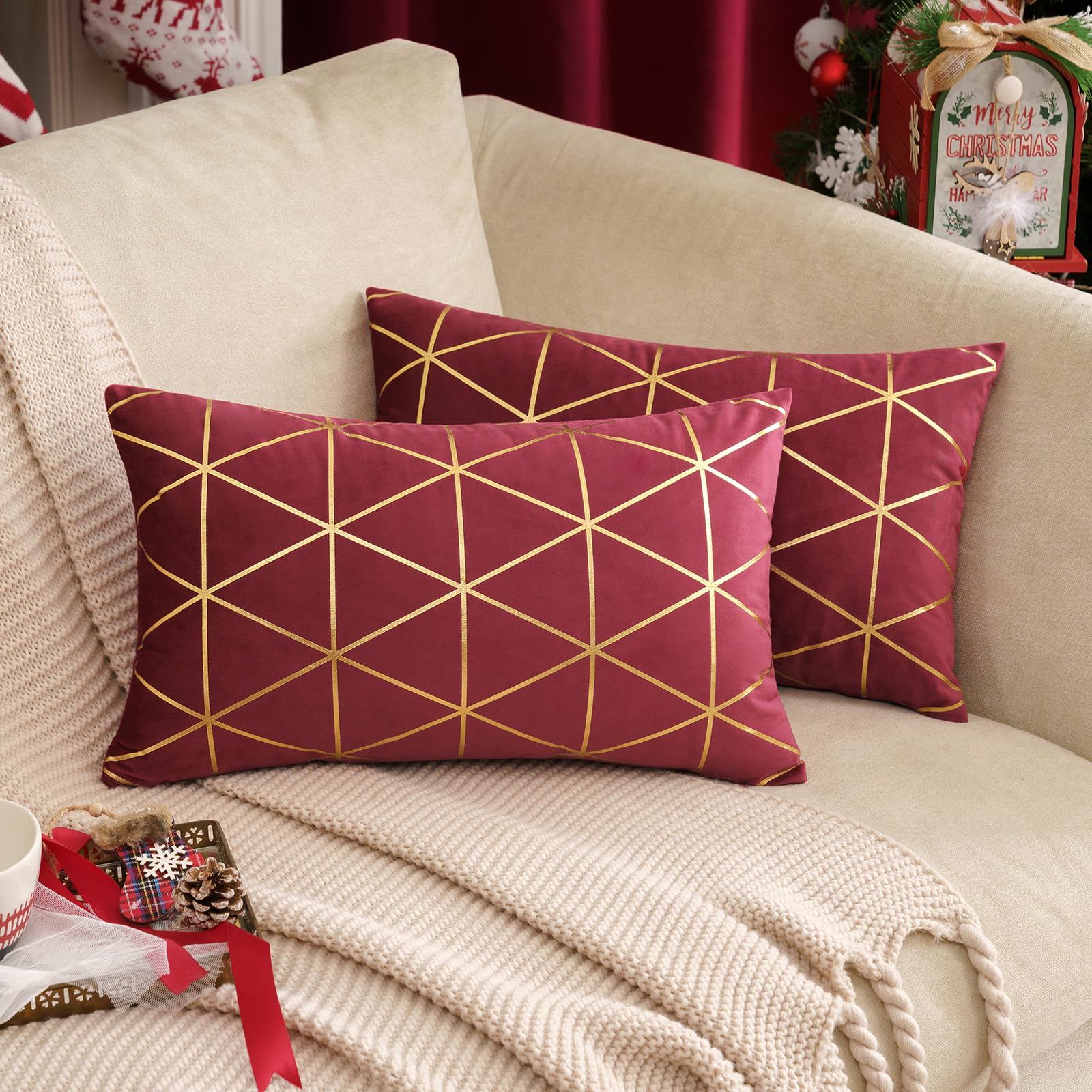 MIULEE Christmas Velvet Cushion Covers Gilded Modern Throw Pillow Cover Square Decorative Wine Red and Gold Pillows with Gold Lines Soft for Sofa Living Room Bedroom 12 x 20 Inch 30 x 50 cm Pack of 2