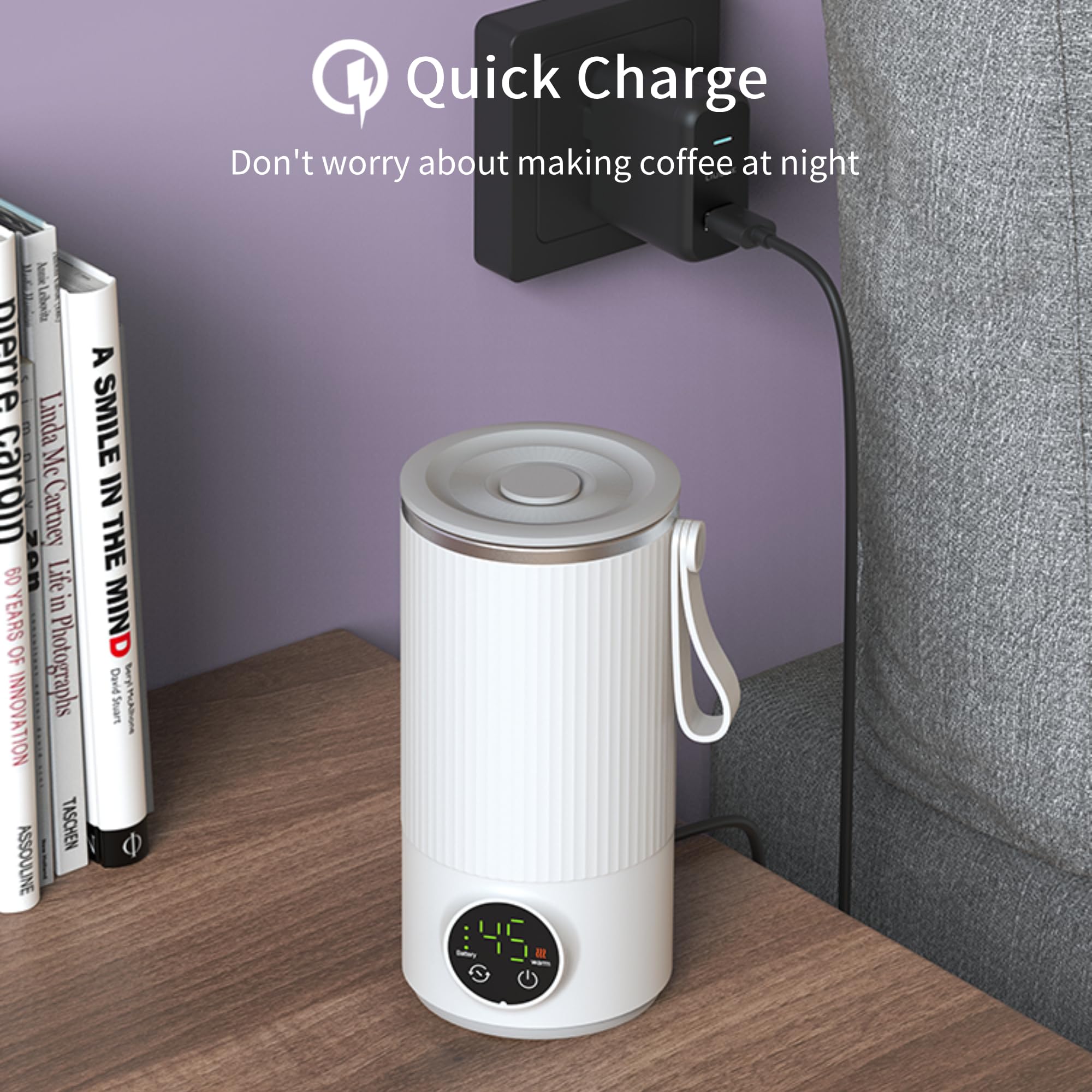 Bewinner 400 Ml Reisewasserkocher Klein – Tragbarer Miniwasserkocher Kabelloser 6000 MAh, Wiederaufladbar mit 4 Gängen, Edelstahl Wasserkocher mit Automatische Abschaltung für Milch 4