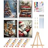4 Packs Christmas Framed Paint by Numbers Kit with Wooden Easel & Gift Box | Retro DIY Paint by Number for Adults on Canvas,Oil Acrylic Christmas Paint Prezzie 8x12inch