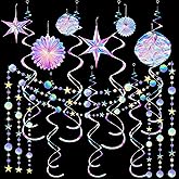 Ganory 29 Pieces Iridescent Holographic Party Supplies Kit with Hanging Honeycomb Ball Decorative Paper Fan Snowflake Garlands White Star Hanging Swirl Decorations for Birthday Wedding Party Home