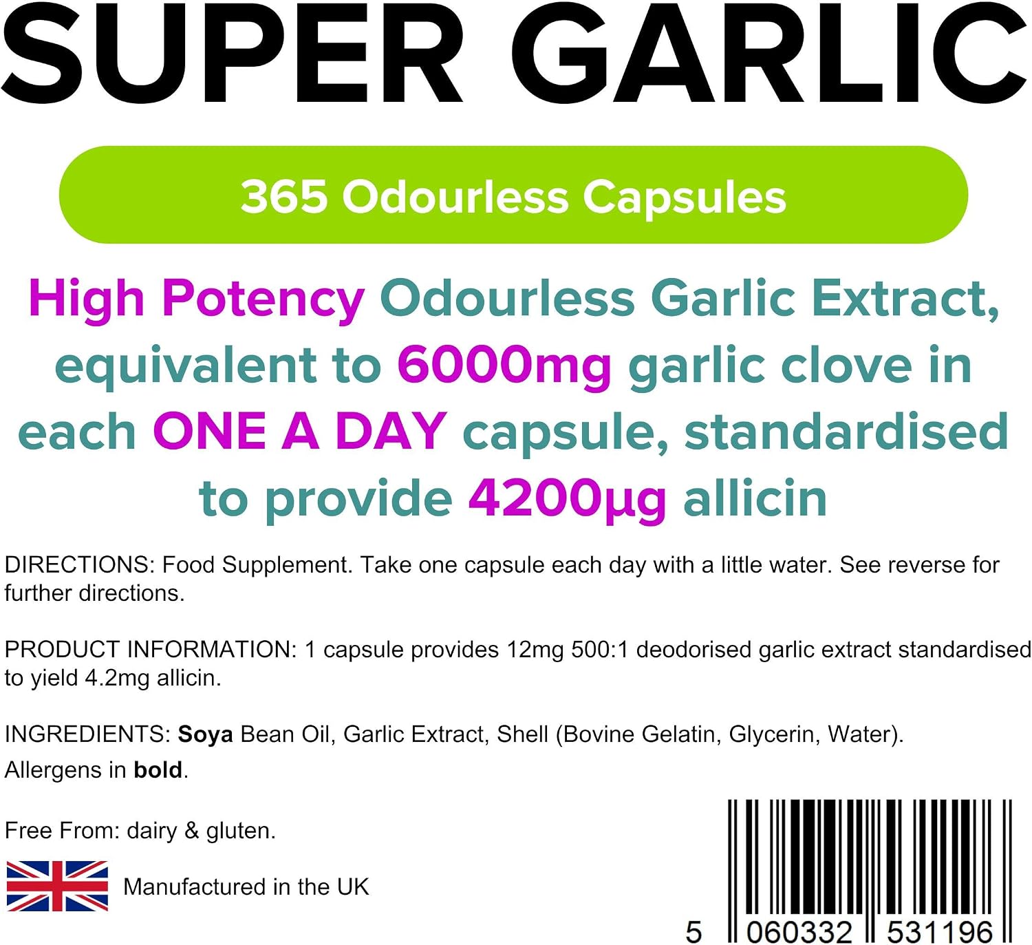 Lindens Super Garlic, 365 Odourless Capsules, High Strength 6000mg (4200mcg Allicin), Contributes to Normal Muscle Function - Image 4