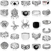Acruccen 26 Pcs Vintage Silver Punk Rings Set for Men Cool Gothic Chunky Rings Statement Snake Wing Signet Ring Set