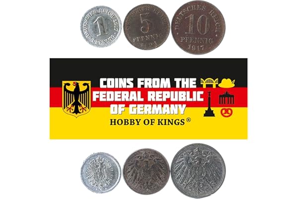 Set of 3 Coins from German Empire. 1, 5, 10 Pfennig. 1915-1922