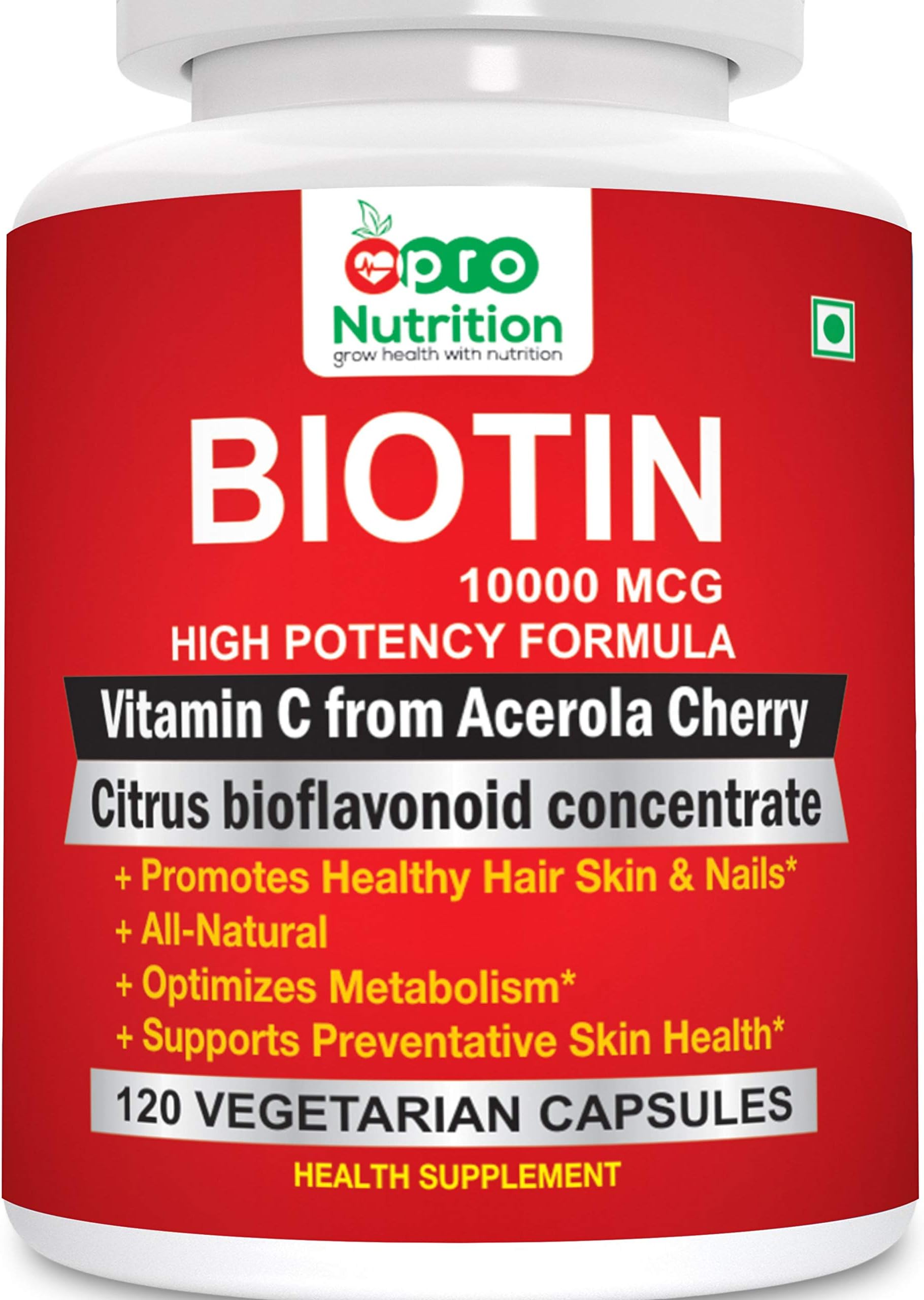 Pronutrition Biotin 10000 MCG High Potency Formula with Vitamin C & Citrus Bioflavonoid Concentrate- 120 Veg Capsules for For Hair, Skin & Nails
