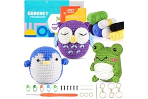 Zeitlicht Crochet Kit for Beginners Crochet Starter Kit for Adults Knitting Kit to Make 3 PCS Animals Learn to Crochet with Step-by-Step Video (Penguin+Frog+Owl)