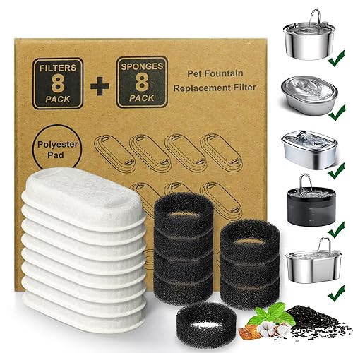 Cat Water Fountain Filter,16 Pack Cat Fountain Replacement Filters for Stainless Steel 67oz/2L Adjustable Water Flow Pet Water Fountain,Dog Water Fountain (8+8 Pack)