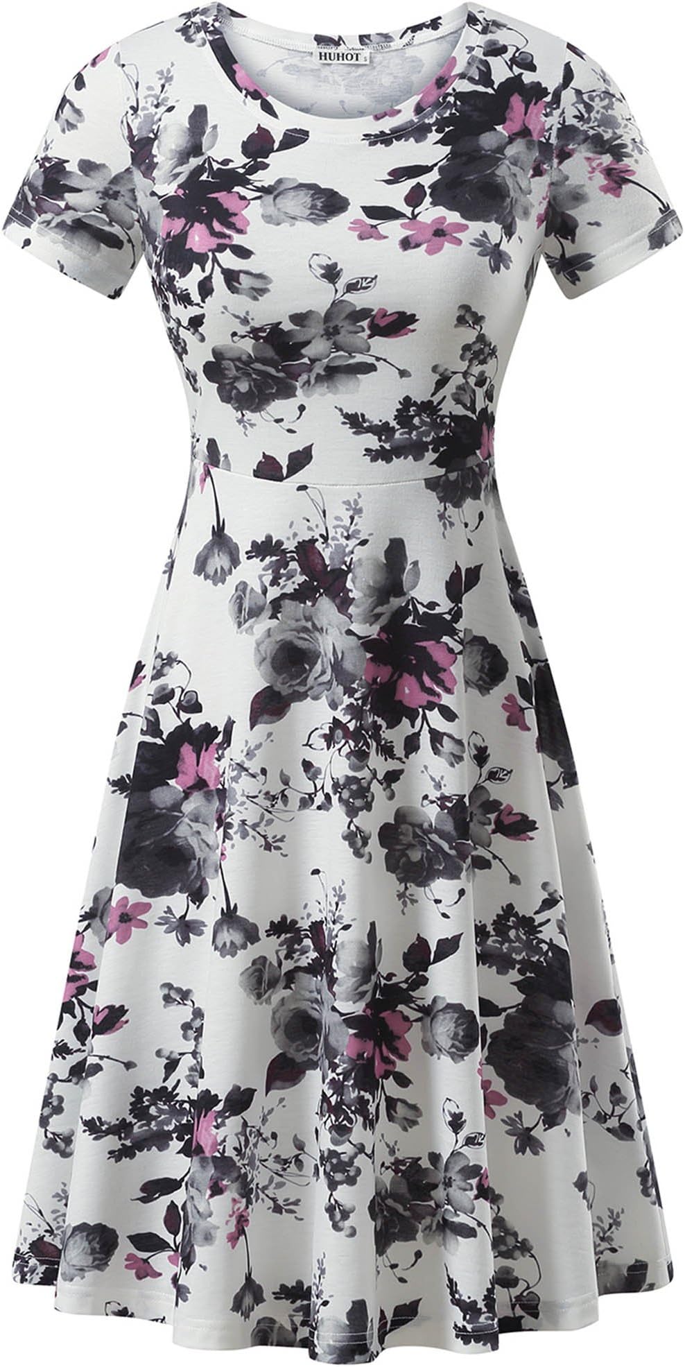 Spring/Summer Casual Women Short Sleeve Round Neck Summer Flared Midi Skater Dress