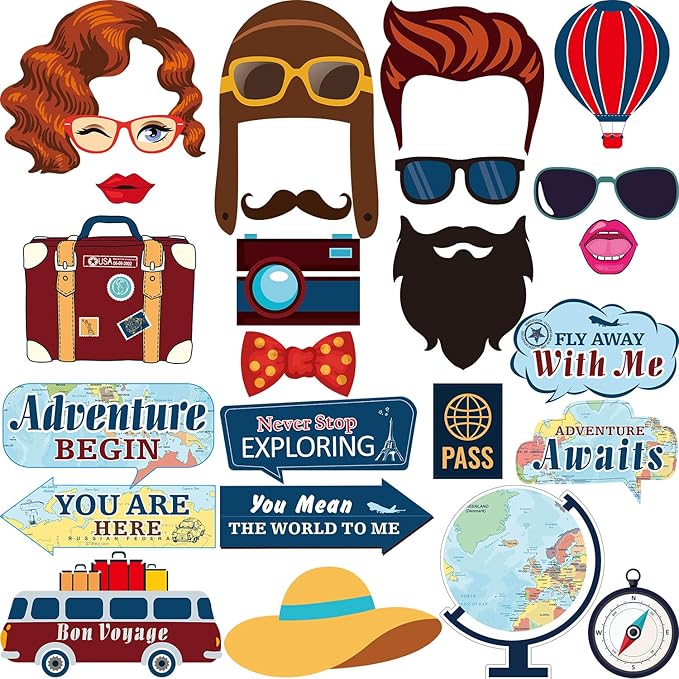 Travel Themed Photo Booth Props Kit Adventure Begin Party Supplies