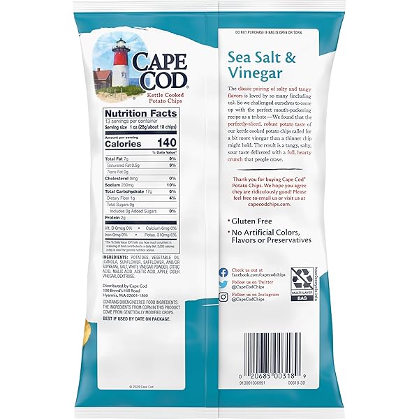 CAPE COD POTATO CHIPS, SEA SALT & VINEGAR KETTLE CHIPS, 13 OZ