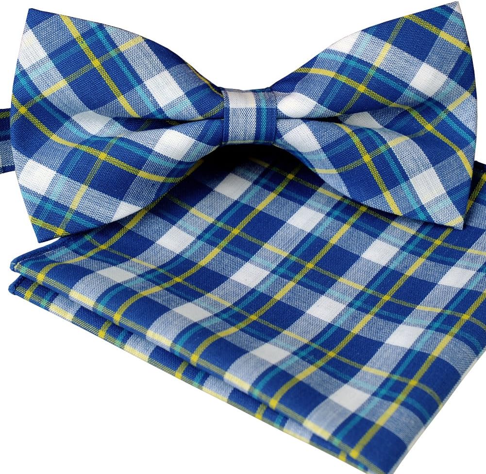 ST34 Brand New Multi-colored cotton Plaid Tuxedo Bow ties for Men Bow tie and Pocket square SET-Various Colors