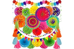 ZERODECO Party Decorations, 41 Pcs Multicoloured Papar Fans Pompoms Garlands String Tissue Paper Tassel for Fiesta Mexican Theme Cinco De Mayo Coco Carnivals Festivals Birthday Party