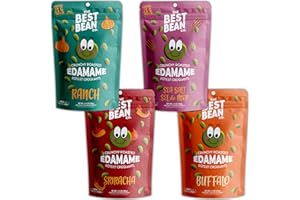 Best Bean Co. - Roasted Edamame Snack - Variety Pack (4 x 100g Bags) - 21g Protein Per Serving - Buffalo, Sea Salt, Sriracha 
