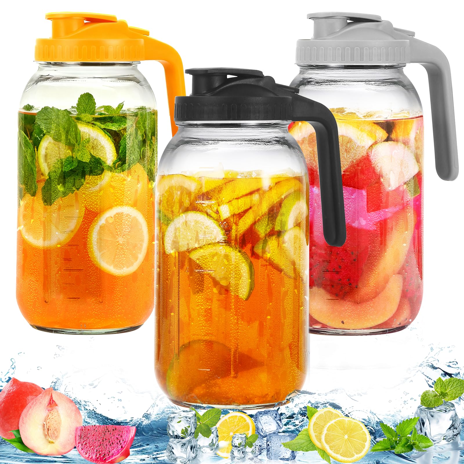 Photo 1 of 3 Pack Glass Pitchers with Lid, 64 oz Sun Tea Pitcher, Half Gallon Mason Jar Pitcher with Wide Mouth Airtight Lid for Ice Tea, Cold Brew Coffee, Fridge Water, Milk, Juices, Leak Proof Water Jug