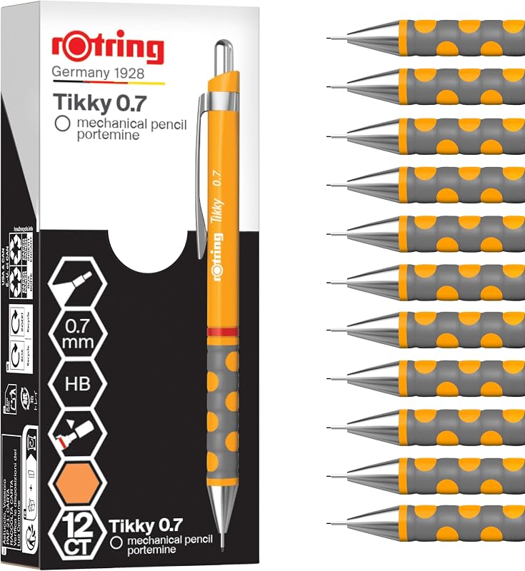 Tikky Matita meccanica | 0,7 mm HB | Fusto calendula (arancia) | Leggera con impugnatura in gomma | 12 pezzi