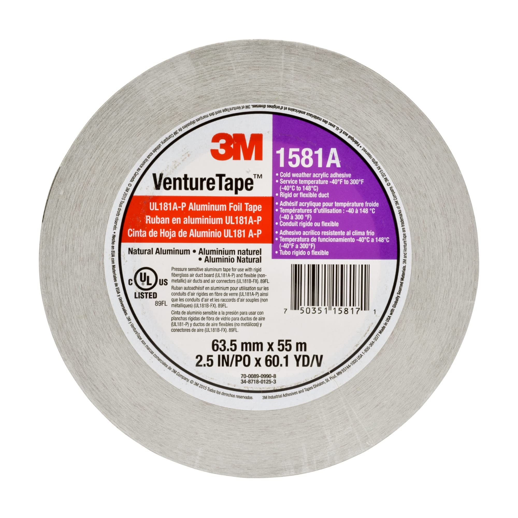 3M Venture Tape UL181A-P Aluminum Foil Tape 1581A, Rigid and Flexible Duct Seaming, Durable, Cold Weather Adhesion, 2.5 in x 60 yd, 2 mil