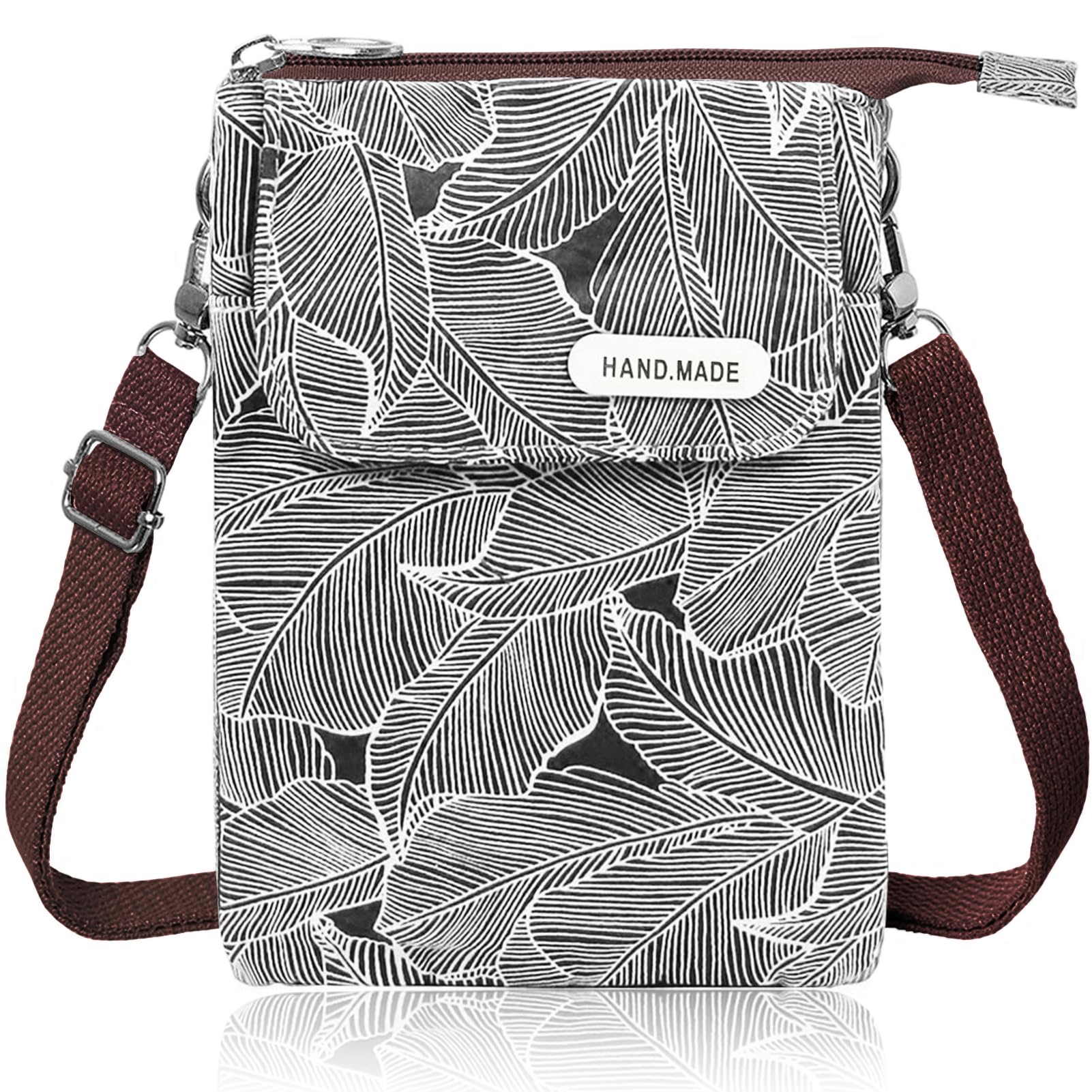 Fiisstina KXF Canvas Cell Phone Purse Wallet Freshing Elegant Leaf Pattern Small Crossbody Bag Lightweight Shoulder Bag Cellphone Pouch with Adjustable Strap for Women Girls