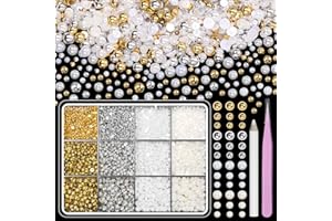 ANOWER Gold Silver Half Round Pearls Pearls for Crafting, Flatback White Beige Nail Pearls Charms, Nail Art Pearls Gems ABS Beads for Manicure Face Art DIY Crafts Jewelry Shoes Clothes Accessories