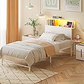 Weehom Twin Bed Frames, Modern Twin Size Bed Frames with Charging Station & LED Light, Twin Bed with Storage- 2-Tier Shelves, Foldable Side Shelf, No Box Spring Needed, White