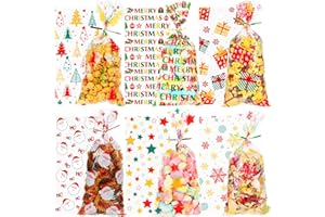 PPRAFDD 180 PCS 5"x11" Christmas Cellophane Treat Bags with Colorful Twist Ties 6 Styles Clear Xmas Candy Cookie Goodie Cello Gift Bags for Winter Christmas Theme Party Favors