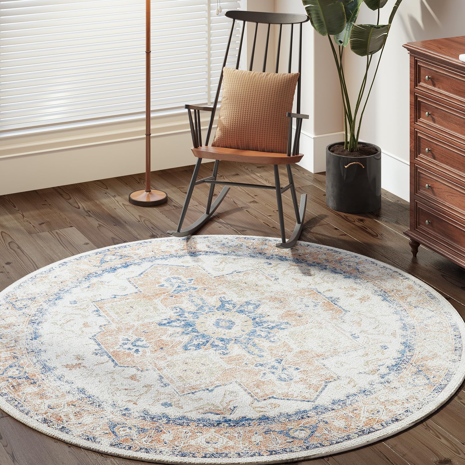 TOPICK Round Rug 150cm Machine Washable Vintage Rug Orange Multi Carpet Thin Non Slip Circle Carpet for Kitchen Living Room Bedroom Dining Room Hall