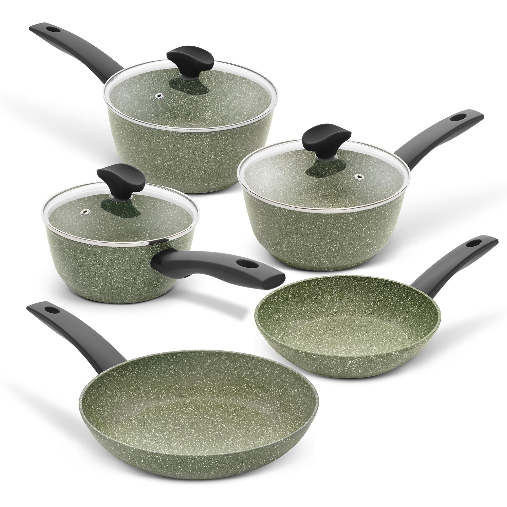 Prestige Eco Non Toxic Pots and Pans Sets Non Stick - 5 Piece Induction Hob Pan Set, PFOA Free Cookware, Dishwasher Safe Cookware Made in Italy of Recyclable Materials, Green